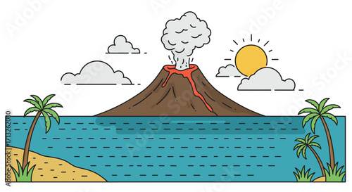 Tropical island landscape with erupting volcano, palm trees, ocean, and sunny sky