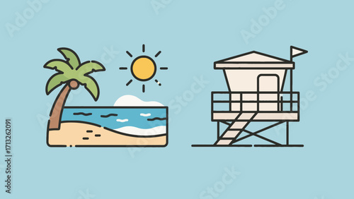 Tropical beach scene with palm tree and lifeguard tower vector illustration
