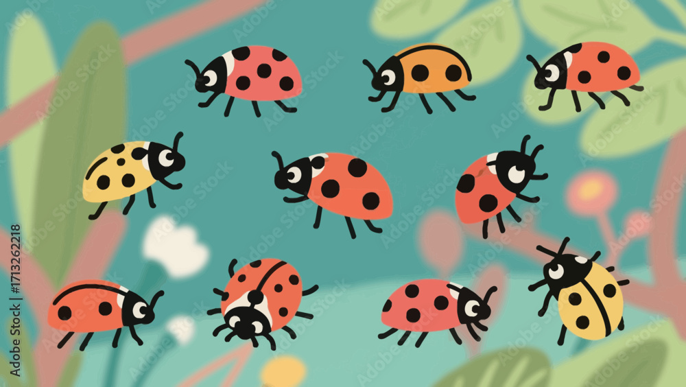 Obraz premium Whimsical ladybug illustration with spots in a garden setting and nature background