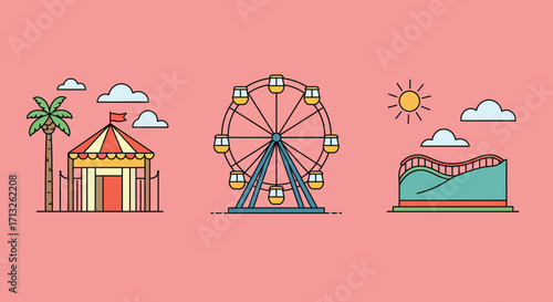 Whimsical amusement park illustration featuring a Ferris wheel and roller coaster