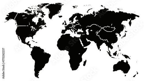 World map illustration showcasing continents and landmasses in black and white