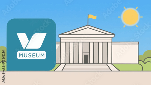 A classical museum building with a flag under a sunny sky vector illustration