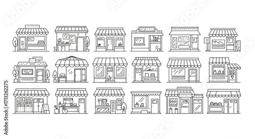 A collection of small shop storefronts in minimalistic line art vector style