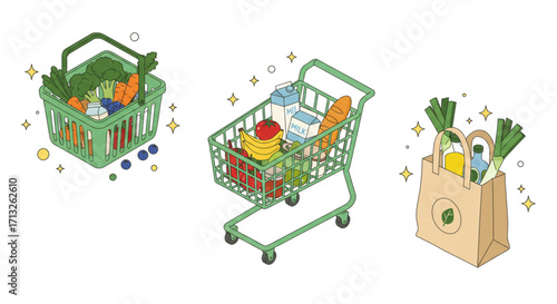grocery shopping icons featuring a basket, cart, and bag full of fresh food. Vector illustration set for retail and healthy eating concepts