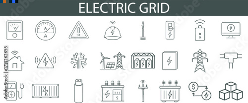 Electric Grid Icon Set for Energy Infrastructure, Power Distribution, and Smart Utility UI Design