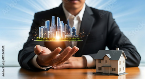 Real Estate Investment and Urban Development Concept with Businessman Holding Cityscape and Model House Offering Opportunities