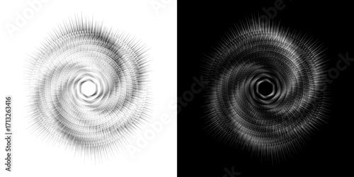 Dynamic abstract spiral sound wave rhythm lines. Circular spiral sound wave rhythm of lines. Circular futuristic abstract lines, black and white background.	
