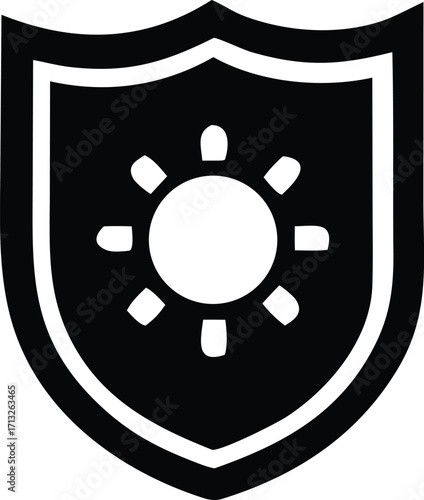 Iconic shield with sun symbol representing protection safety security and warmth