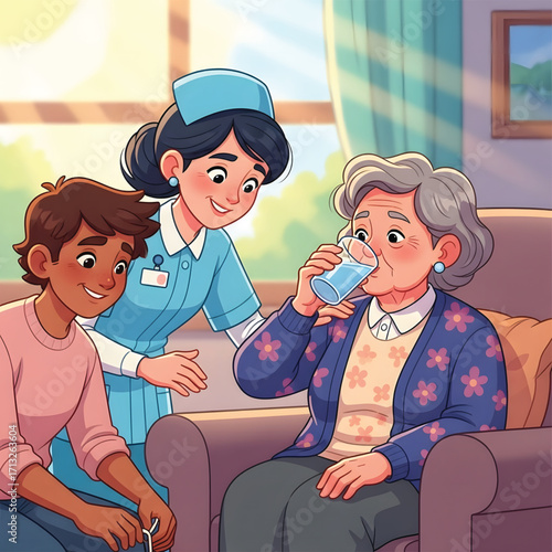 A caring nurse and a young person assist an elderly woman drinking water in a bright home setting.