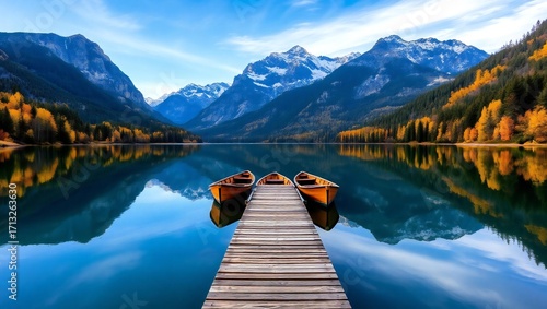 Serene alpine lake at autumn reflecting majestic mountains and wooden dock with boats