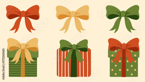 Illustration set with decorative bows and gift boxes in red, green, and gold tones. Festive collection isolated on light background for Christmas, New Year, packaging, cards, and holiday decoration.