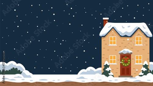 Cozy Christmas house on a snowy night. A decorated building with a wreath on the door, glowing windows, snowy rooftop, and falling snowflakes. Perfect for holiday cards, banners, and backgrounds.