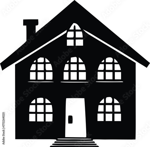 Charming silhouette of a two-story house with arched windows and a chimney representing home and shelter