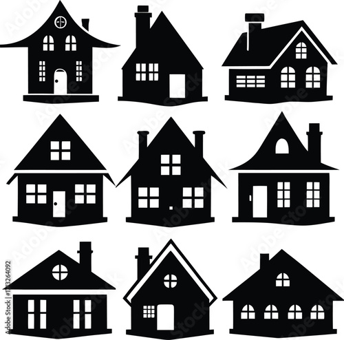 Collection of nine detailed silhouette house icons representing various architectural styles and designs for property development and real estate