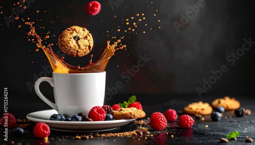 Generated Image: A surreal shot of a coffee cup liquid upwards into a floating cookies and berries in zero gravity.
