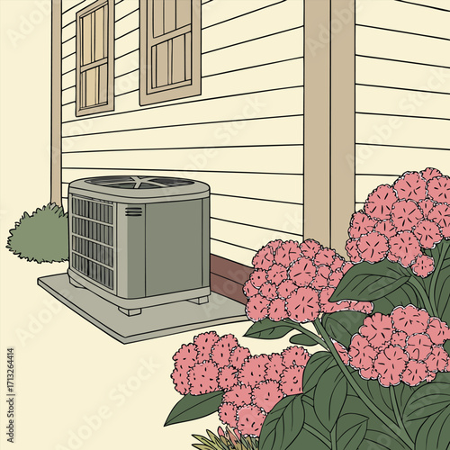 Outdoor air conditioner unit beside a house and hydrangeas