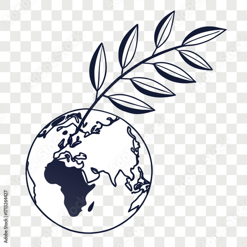 Outline of planet Earth with a dark blue branch and leaves