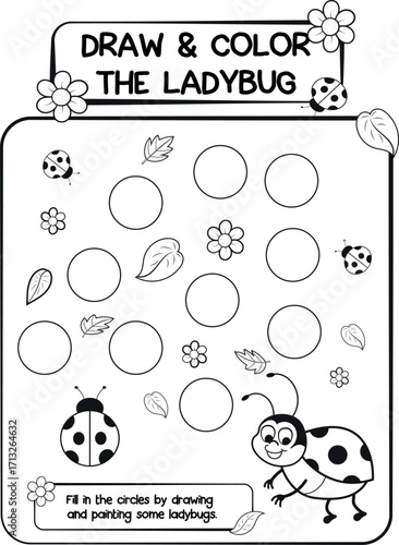 Hoja de actividades para niños para dibujar y pintar insecto mariquita