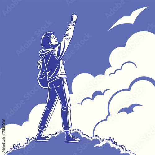 Person reaching up towards sky with birds and clouds