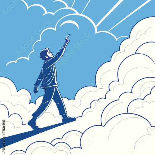 Person walking on clouds towards sunlight achievement