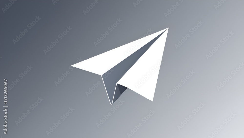 Fototapeta premium A clean, minimalist illustration of a white paper airplane gracefully soaring against a gradient grey backdrop, symbolizing concepts like travel, freedom, communication, and a sense of forward