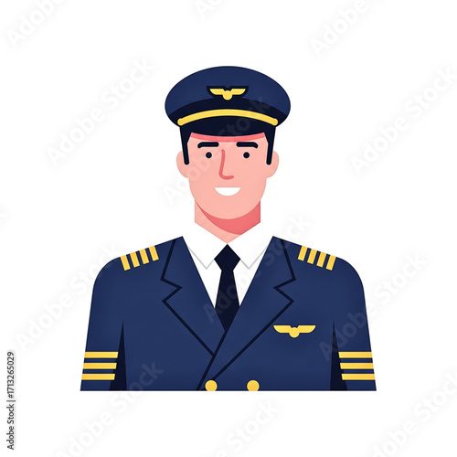 Flat Vector Illustration of Airline Pilot in Uniform, Professional Aviator Character Design for Aviation, Travel, and Flight Concept