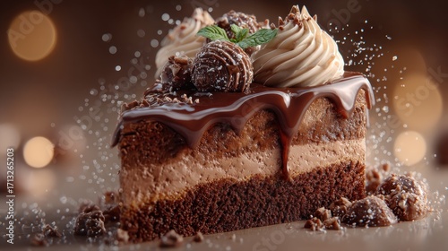 Delicious chocolate cake slice adorned with cream, syrup and cocoa truffle