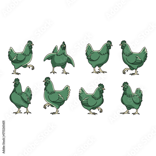 Eight Green Chickens in Various Poses Isolated on Transparent Background