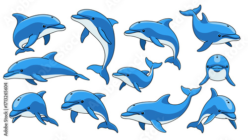 Graceful ocean mammals jumping and swimming, playful marine life isolated on transparent background