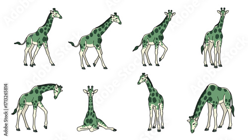 Whimsical Green Giraffe Poses Animated Character Illustration Isolated on Transparent Background
