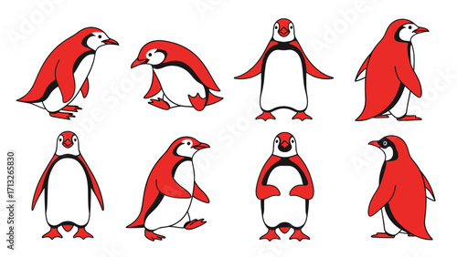 Vibrant Red Penguin Collection Diverse Poses Isolated Transparent Background for Design Projects
