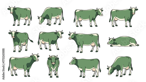 Green Cows Diverse Poses Farm Animals Illustration Livestock Grazing Standing Sitting Isolated Transparent Background