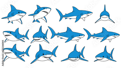Collection of Blue Shark Illustrations with Fierce Expressions Isolated on Transparent Background