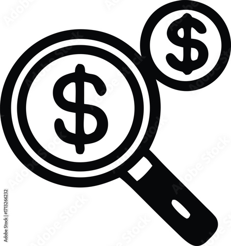 Magnifying glass over dollar coin symbol financial research business investment opportunity analysis search