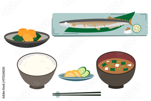 サンマ定食のイラスト素材（ごはん・味噌汁・かぼちゃの煮つけ・お新香付き）