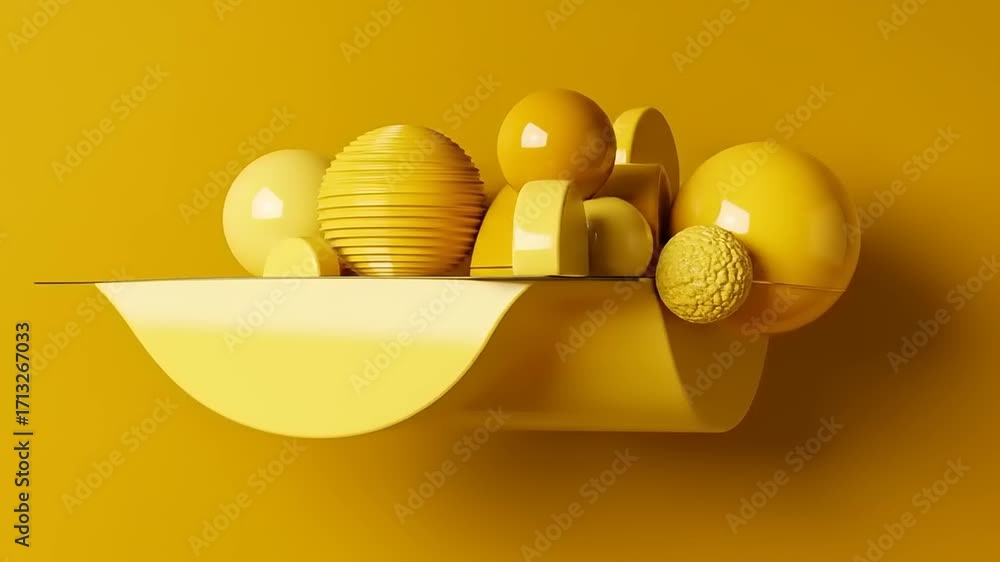 Abstract composition of yellow geometric shapes and spheres on a vibrant yellow background