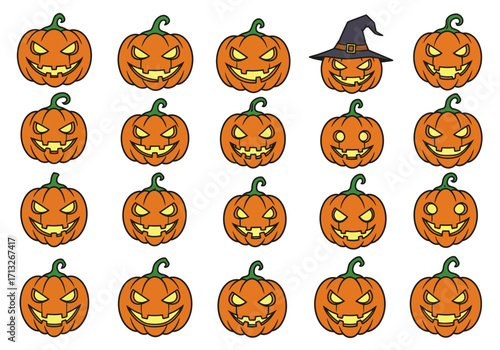 A grid of orange Halloween pumpkins with carved faces