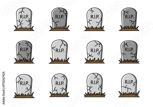 A grid of twelve cracked gravestones each with RIP engraved