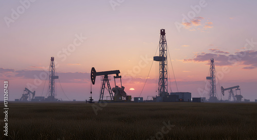 Silhouetted Oil Rig Derricks Against Vibrant Sunset Sky Over Expansive Field