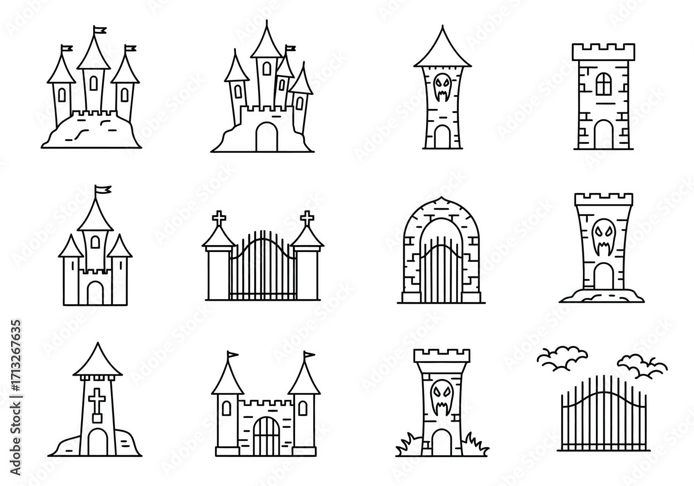 Fototapeta premium Collection of stylized castle and gate illustrations