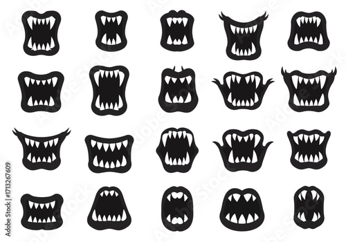 Collection of black cartoon monster mouths with sharp teeth