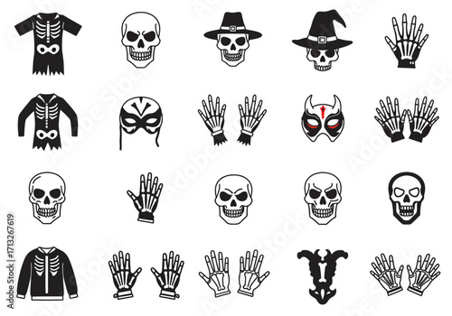 Collection of black and white Halloweenthemed illustrations