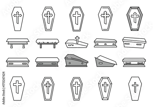 Collection of lineart icons depicting various coffin designs