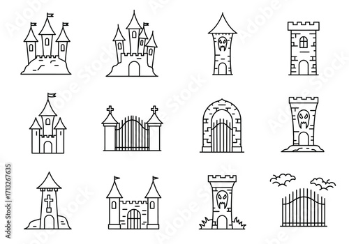 Collection of stylized castle and gate illustrations