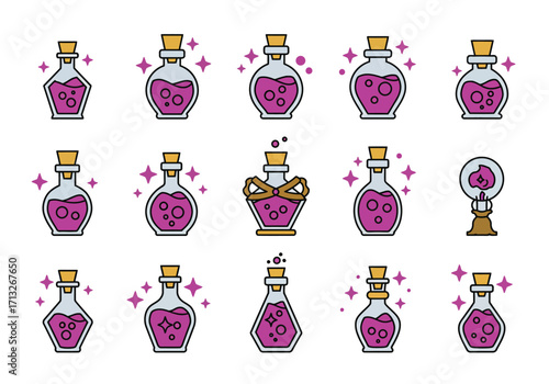 Collection of stylized potion bottles with purple liquid and magical sparkles