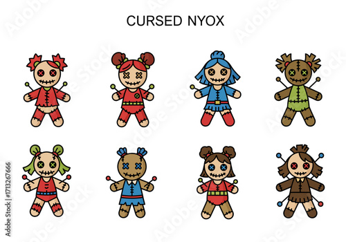 Eight cartoon voodoo dolls in two rows