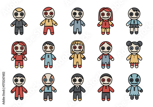 Fifteen cartoon voodoo dolls arranged in three rows