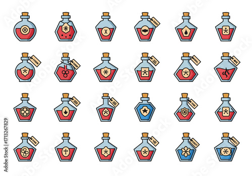 Numerous potion bottles with varied symbols and tags