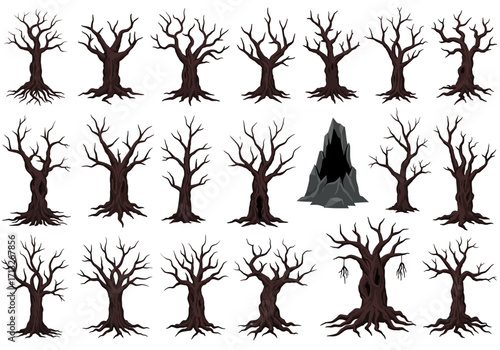 Pixel art of a forest of bare dark trees and a cave