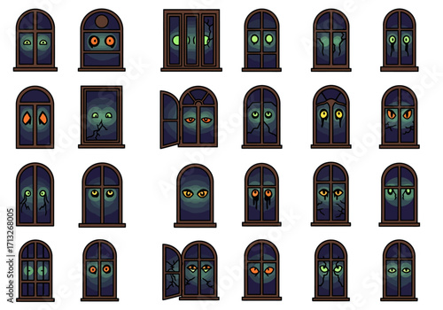 Spooky windows with glowing monster eyes peeking out